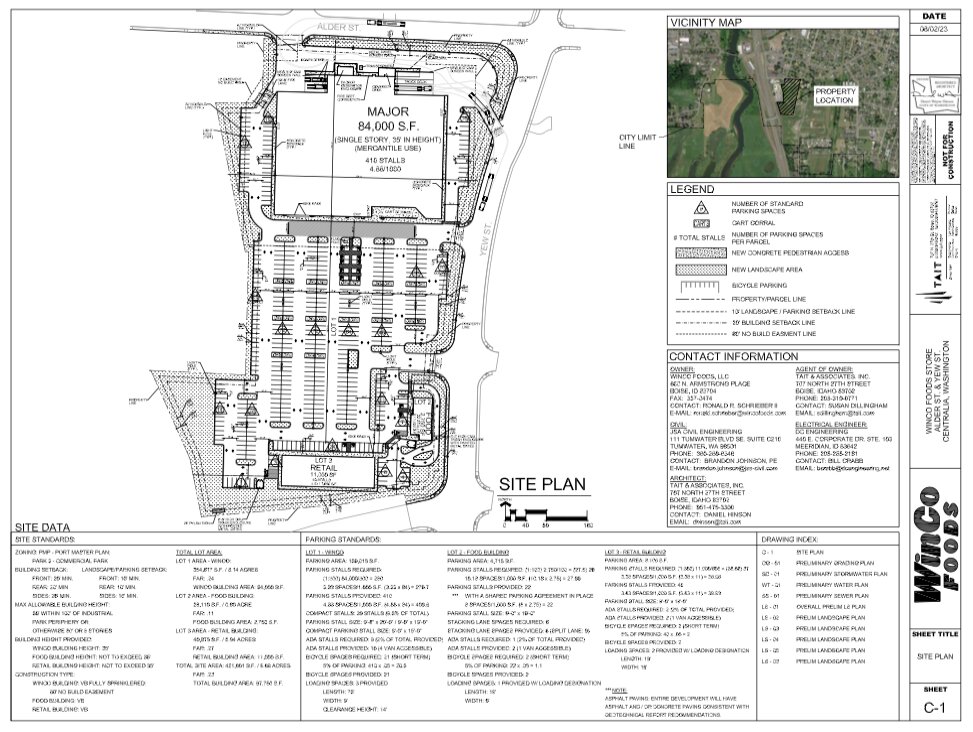 The WinCo site plans for Centralia Station are pictured in this image provided by the City of Centralia. Centralia Station is a proposed shopping center complex with WinCo Foods as the anchor tenant. WinCo is a warehouse-style supermarket chain that offers bulk food items and is open 24 hours a day.